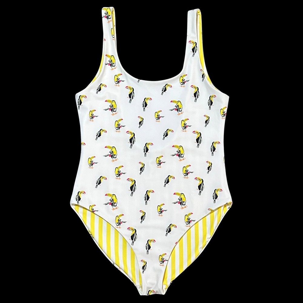 Faherty One Piece Swimsuit Wavelength Reversible M Recycled Toucan Stripe Yellow